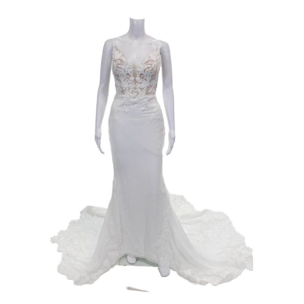 Enzoani Womens Floral Embroidered Lace Trim Wedding Dress White Size Small